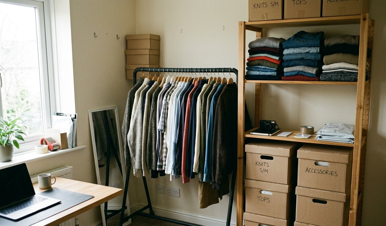 Clothing being sorted and organised on rails and shelves in a home work space