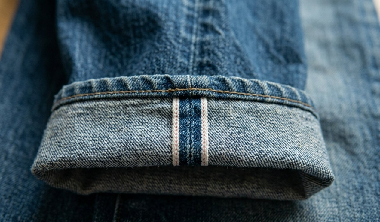 A turned up denim hem showing a selvedge line