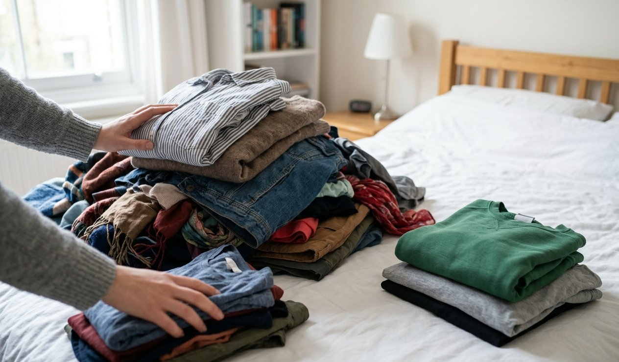 Sorting a haul of clothing at home into keep and sell piles