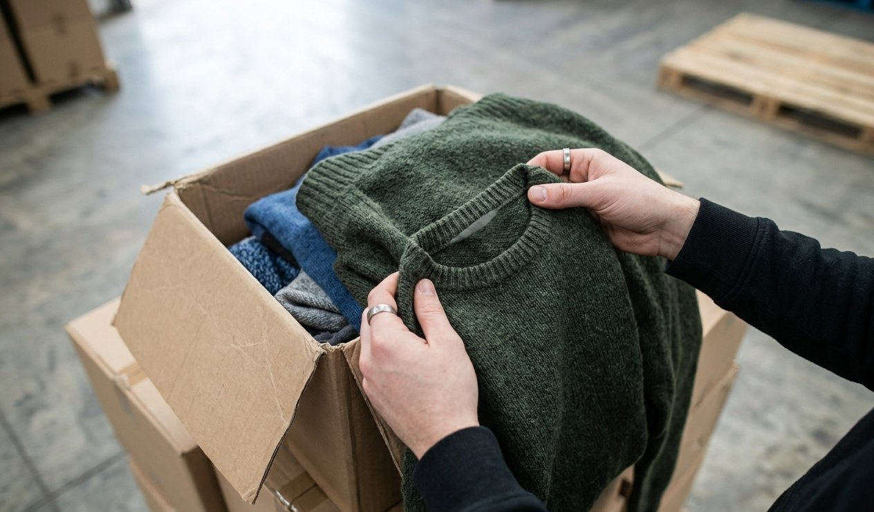 A reseller inspecting a sample garment from a wholesale supplier